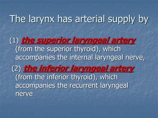 The larynx has arterial supply by
(1) the superior laryngeal artery
(from the superior thyroid), which
accompanies the internal laryngeal nerve,
(2) the inferior laryngeal artery
(from the inferior thyroid), which
accompanies the recurrent laryngeal
nerve
 