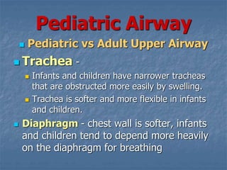 Pediatric Airway
 Pediatric vs Adult Upper Airway
 Trachea -
 Infants and children have narrower tracheas
that are obstructed more easily by swelling.
 Trachea is softer and more flexible in infants
and children.
 Diaphragm - chest wall is softer, infants
and children tend to depend more heavily
on the diaphragm for breathing
 