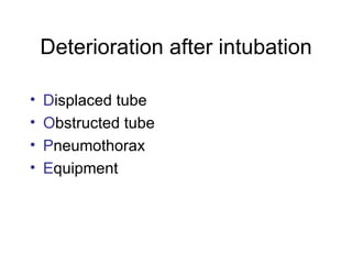 Deterioration after intubation

•   Displaced tube
•   Obstructed tube
•   Pneumothorax
•   Equipment
 