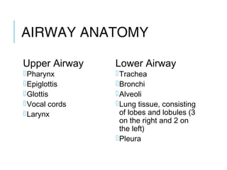 AIRWAY ANATOMY
Upper Airway
Pharynx
Epiglottis
Glottis
Vocal cords
Larynx
Lower Airway
Trachea
Bronchi
Alveoli
Lung tissue, consisting
of lobes and lobules (3
on the right and 2 on
the left)
Pleura
 