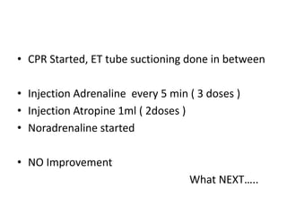 • CPR Started, ET tube suctioning done in between
• Injection Adrenaline every 5 min ( 3 doses )
• Injection Atropine 1ml ( 2doses )
• Noradrenaline started
• NO Improvement
What NEXT…..
 