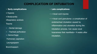 COMPLICATION OF INTUBATION
• Early complications
• Hypoxia
• Bradycardia
•Respiratory acidosis
Trauma
• - Dental damage
• - Tracheal perforation
•- Hemorrhage
Pulmonary aspiration
Laryngospasm
Bronchospasm
• Late complications
• • Vocal cord injuries
• • Vocal cord granuloma: a complication of
endotracheal intubation caused by
inflammation and ulceration during the
intubation process. Can cause vocal
hoarseness that manifests~ 4 weeks after
intubation.
 