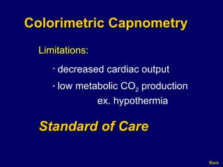 Colorimetric Capnometry Standard of Care Limitations: Back decreased cardiac output low metabolic CO 2  production ex. hypothermia 