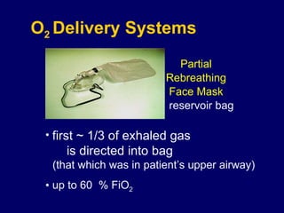 O 2  Delivery Systems Partial Rebreathing Face Mask reservoir bag first ~ 1/3 of exhaled gas  is directed into bag (that which was in patient’s upper airway) up to 60  % FiO 2 