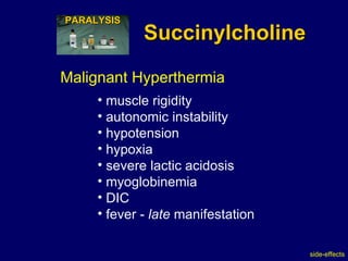 Succinylcholine muscle rigidity autonomic instability hypotension hypoxia severe lactic acidosis myoglobinemia DIC fever -  late  manifestation Malignant Hyperthermia side-effects PARALYSIS 