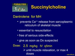 Succinylcholine prevents Ca ++  release from sarcoplasmic  reticulum of skeletal muscle  Dantrolene  for MH essential to resuscitation give as soon as Dx suspected free of serious side-effects side-effects Dose: 2.5   mg/kg  IV  q5min until muscle relaxation, or max 4 doses PARALYSIS 