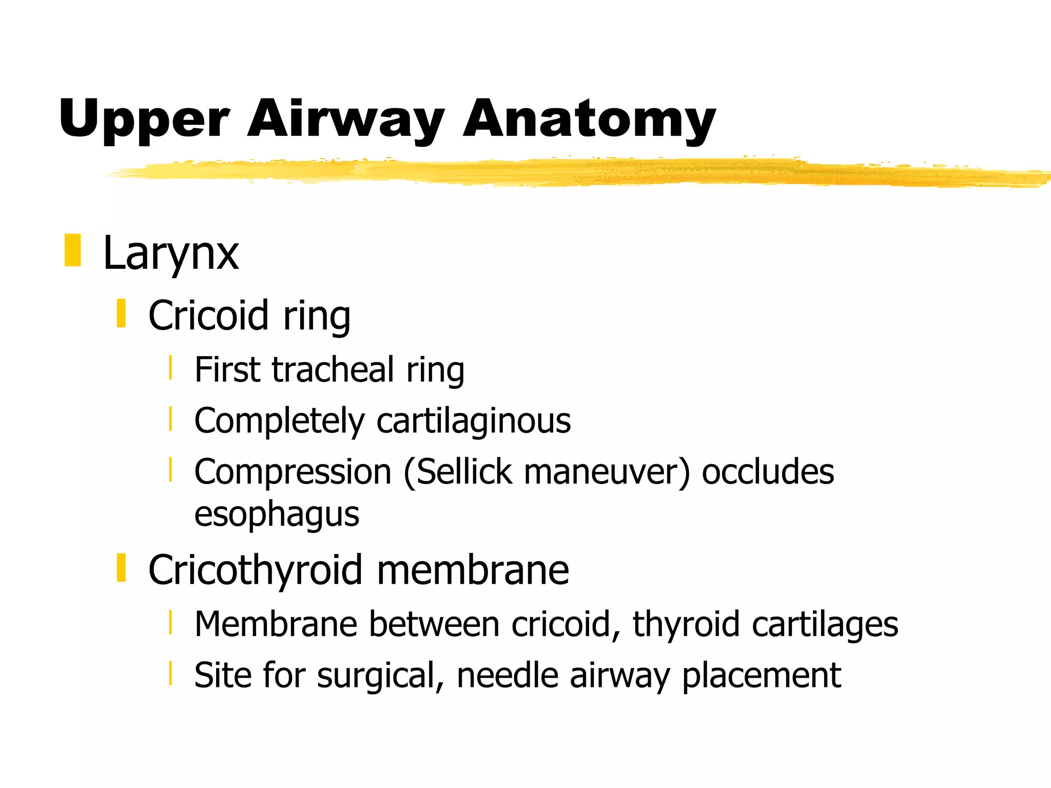Upper Airway Anatomy Larynx Cricoid ring First tracheal ring Completely cartilaginous Compression (Sellick maneuver) occludes esophagus Cricothyroid membrane Membrane between cricoid, thyroid cartilages Site for surgical, needle airway placement 