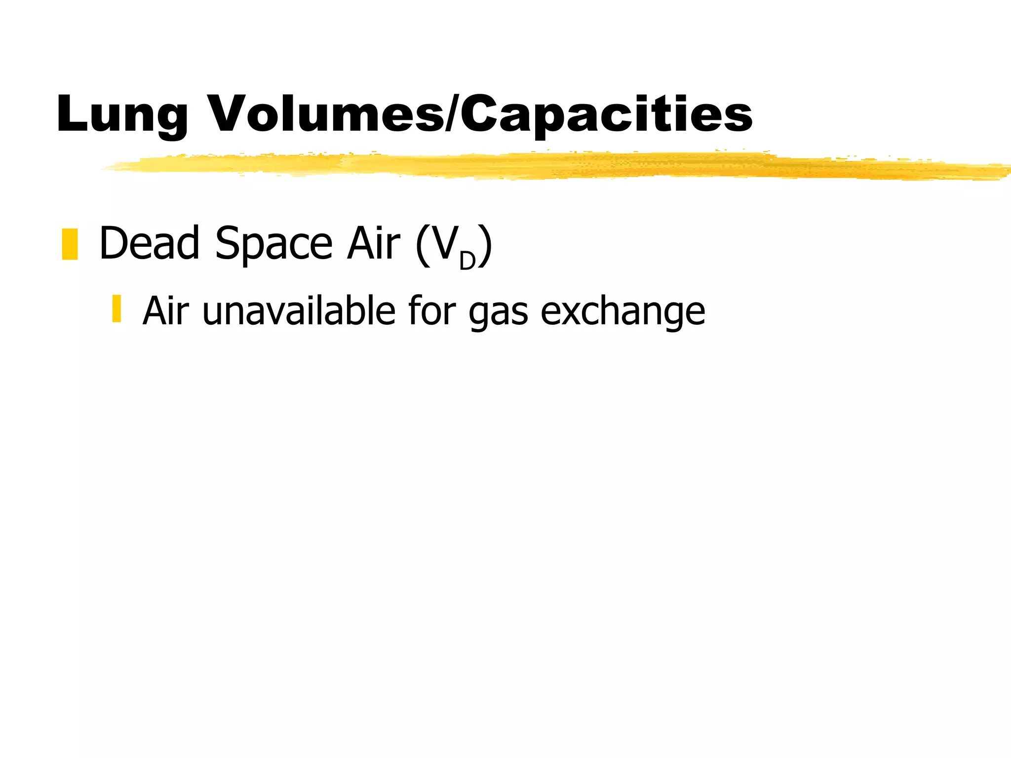 Lung Volumes/Capacities Dead Space Air (V D ) Air unavailable for gas exchange 