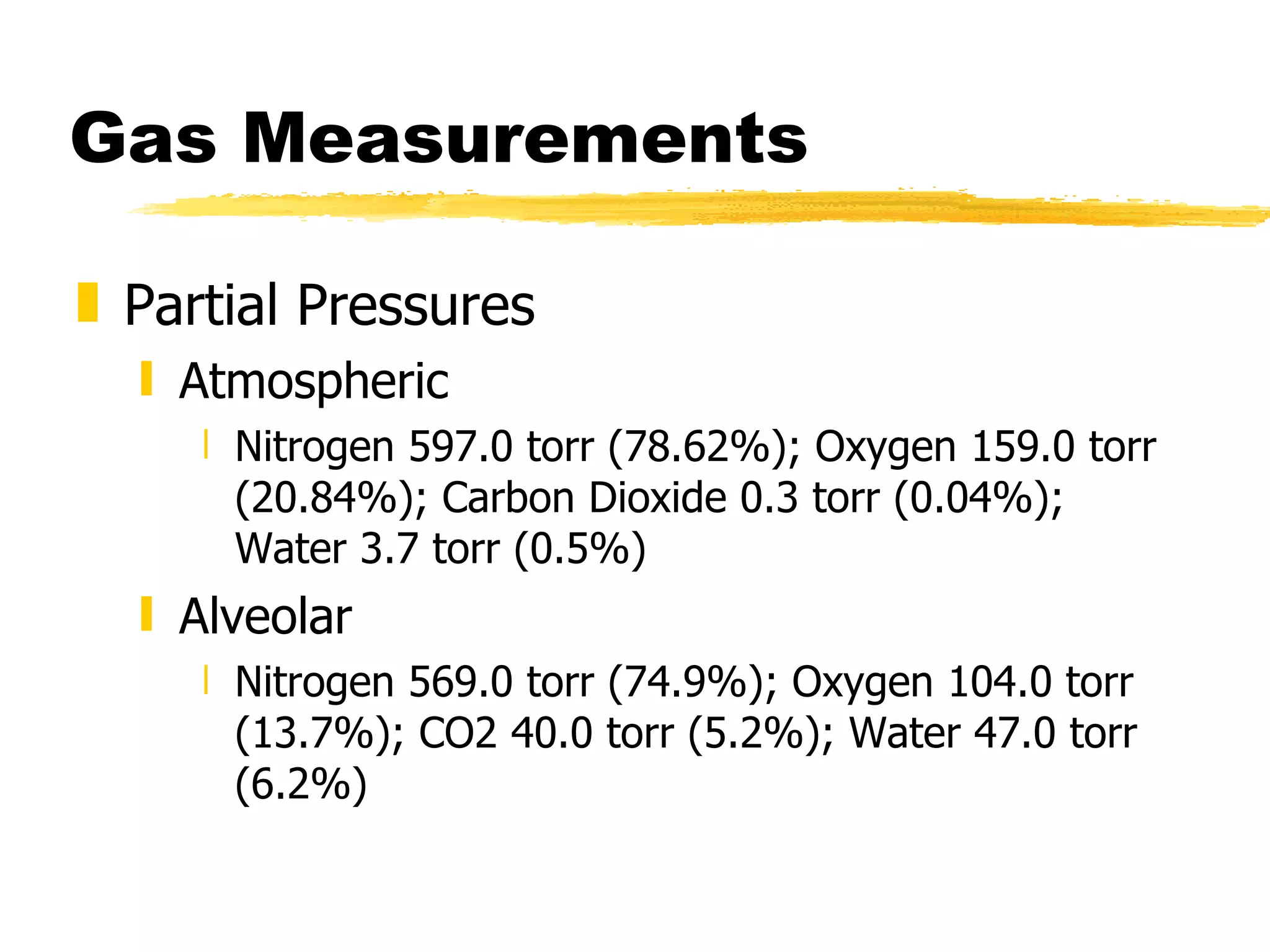 Gas Measurements Partial Pressures Atmospheric Nitrogen 597.0 torr (78.62%); Oxygen 159.0 torr (20.84%); Carbon Dioxide 0.3 torr (0.04%); Water 3.7 torr (0.5%) Alveolar  Nitrogen 569.0 torr (74.9%); Oxygen 104.0 torr (13.7%); CO2 40.0 torr (5.2%); Water 47.0 torr (6.2%) 