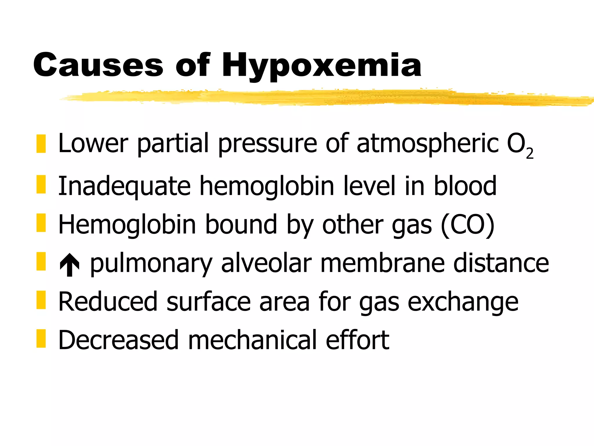 Causes of Hypoxemia Lower partial pressure of atmospheric O 2 Inadequate hemoglobin level in blood Hemoglobin bound by other gas (CO)   pulmonary alveolar membrane distance Reduced surface area for gas exchange Decreased mechanical effort 