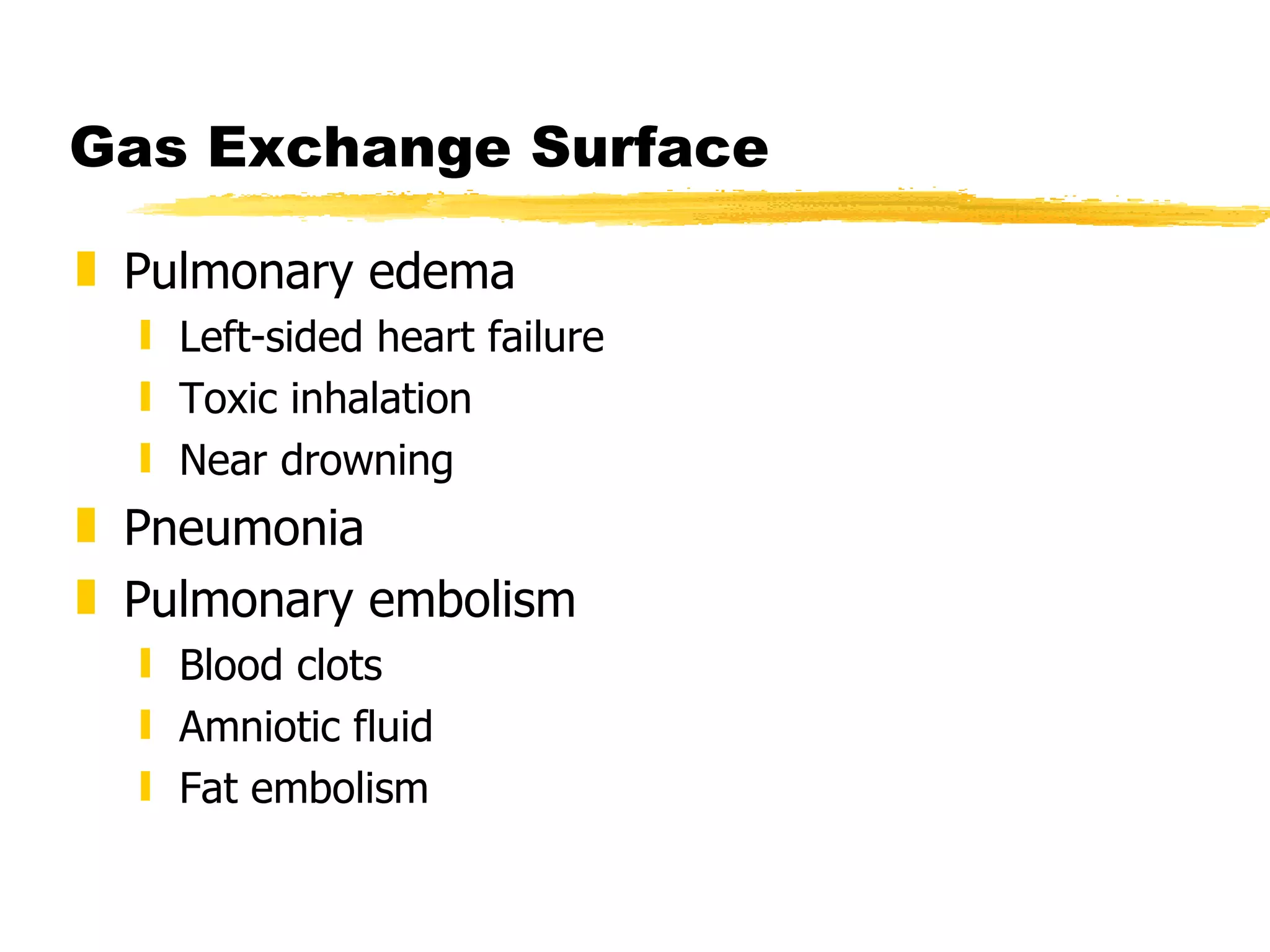 Gas Exchange Surface Pulmonary edema Left-sided heart failure Toxic inhalation Near drowning Pneumonia Pulmonary embolism Blood clots Amniotic fluid Fat embolism 