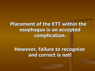 Placement of the ETT within the esophagus is an accepted complication. However, failure to recognize and correct is not! 