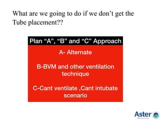 What are we going to do if we don’t get the
Tube placement?? 
A- Alternate
B-BVM and other ventilation
technique
C-Cant ventilate ,Cant intubate
scenario
Plan “A”, “B” and “C” Approach
 