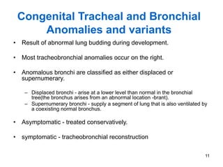 11
Congenital Tracheal and Bronchial
Anomalies and variants
• Result of abnormal lung budding during development.
• Most tracheobronchial anomalies occur on the right.
• Anomalous bronchi are classified as either displaced or
supernumerary.
– Displaced bronchi - arise at a lower level than normal in the bronchial
tree(the bronchus arises from an abnormal location -brant).
– Supernumerary bronchi - supply a segment of lung that is also ventilated by
a coexisting normal bronchus.
• Asymptomatic - treated conservatively.
• symptomatic - tracheobronchial reconstruction
 