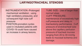 LARYNGOTRACHEAL STENOSIS
TUBE SIZE- Use of larger than
normal tubes.
CUFF PRESSURE-
maintenance of excessively high
cuff pressure and delay in
tracheotomy performance . Cuff
pressure of endotracheal tube
above the capillary perfusion
pressure of tracheal mucosa
ranging from 20 to 30 mmHg
leads to mucosal ischemia and
damage.
INSTRUMENTATION -Prolonged
mechanical ventilation , using
high ventilatory pressures, and
consequent high tube cuff
pressure
POSITION-pronation cycles
used in intubated patients with
COVID-19 could have caused
an increase in airway lesions.
 