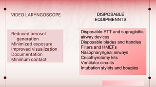 Illustration by Smart-Servier Medical Art
VIDEO LARYNGOSCOPE
Reduced aerosol
generation
Minimized exposure
Improved visualization
Documentation
Minimum contact
DISPOSABLE
EQUIPMENNTS
Disposable ETT and supraglottic
airway devices
Disposable blades and handles
Filters and HMEFs
Nasopharyngeal airways
Cricothyrotomy kits
Ventilator circuits
Intubation stylets and bougies
 