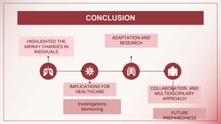 CONCLUSION
HIGHLIGHTED THE
AIRWAY CHANGES IN
INDIVIUALS
IMPLICATIONS FOR
HEALTHCARE
Investigations
Monitoring
ADAPTATION AND
RESEARCH
COLLABORATION AND
MULTIDISCIPILARY
APPROACH
FUTURE
PREPAREDNESS
 