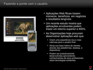 2008 Adobe Systems Incorporated. All Rights Reserved.
Fazendo a ponte com o usuário
 Aplicações Web Ricas trazem
inúmeros benefícios em negócios
e resultados tangíveis.
 Um recente estudo mostra que
aplicações envolventes podem
trazer um retorno superior a 400%.
 As Organizações hoje procuram
desenvolver aplicações web que:
 Criam uma experiência rica e mais
valorosa para o usuário final.
 Atinja sua base inteira de clientes
através das plataformas, desktop, e
dispositivos
 Podem ser produtivamente
desenvolvidas aproveitando
conhecimentos de seus profissionais
sobre tecnologias existentes
 