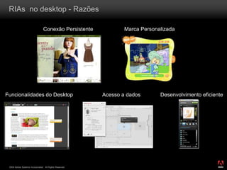 2008 Adobe Systems Incorporated. All Rights Reserved.
RIAs no desktop - Razões
Conexão Persistente
Funcionalidades do Desk...