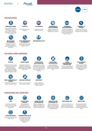 10
Iconos | 
BI-POLAR
Generador de iones bi-polar
produciendo las reacciones
electroquímicas que
desactivan las bacterias,
virus y partículas alérgicas.
Crea un ambiente de calidad
de aire natural para la vida
super Plasma
Generación de iones de
hidrógeno y oxígeno que
descomponen las sustancias
prejudiciales como bacterías,
virus y polvo
FILTRO ACTIVO
ELECTROSTÁTICO
Limpieza efectiva del aire
desde partícula por debajo
de 0.01micras para evitar el
humo de los cigarros, humo
de cocina, polen, moho y
bacterias
FILTRO NANO
FOTOCATALÍTICO
Oxida y degrada los
contaminantes orgánicos.
Puede eliminar eficazmente
el 99,9% de las bacterias y
polvo
FILTRO
ELECTROSTÁTICO
AntiBacteria
Elimina con alta eficiencia
las pequeñas partículas y
purifica el aire de bacterias
AUTO LIMPIEZA/
SECADO
Impide que las bacterias
y moho crezcan secando
el intercambiador de calor
después del modo de
refrigeración
CONEXIÓN FLEXIBLE
La u. exterior puede ser
conectada con varios tipos
de unidades interiores
La u. interior puede ser
conectada con una unidad
1x1 ó multiple
CLASE A/A
Alta eficiencia y ahorro
energético
DC Inverter
Compresor con alta
eficiencia motor DC
CONDENSADOR
ALETAS DORADAS
Mejora la eficiencia de
transferencia de calor y la
resistencia a la corrosión
COMPRESOR
ONDA SINOSOIDAL
Tecnología avanzada del
control de la velocidad del
compresor en una extensa
gama de alta eficiencia y
bajo nivel sonoro
CONSUMO 1 W
STANDBY
Minimiza el consumo de
energía cuando la unidad se
encuentra en modo standby
BAJO VOLTAJE
DE ARRANQUE
Diseñado para arrancar
el sistema cuando la
alimentación eléctrica está
estabilizada
BAJA TEMPERATURA
DE ARRANQUE
Arranca el sistema cuando
la temperatura exterior es
menor a -15ºC
REFRIGERANTE R410A
PANEL DESMONTABLE Y
LAVABLE
Panel desmontable para una
sencilla y eficiente limpieza
CARCASA ANTIPOLVO
Minimiza la acumulación de
polvo sobre la carcasa
AIRE LIMPIO
Ventila la habitación
suministrando aire limpio
desde el exterior
I FEEL
Control de temperatura
preciso usando con control
remoto con sensor de
temperatura
REJILLA GRAN
ANGULAR
Mejor refrigeración
y calefacción por la
distribución del aire en la
habitación en gran angular
CAUDAL DE AIRE
MOTORIZADO 2D
Mejora la refrigeración y
calefacción afectando a la
distribución del aire arriba y
abajo automaticamente
CAUDAL DE AIRE
MOTORIZADO 4D
Mejora la refrigeración y
calefacción afectando a la
distribución del aire arriba,
abajo, izquierda y derecha
automaticamente
MULTICAUDAL 360°
El máximo confort con un
sistema de distribución de
aire en cuatro direcciones y
360º con control motorizado
MODO SLEEP
Ajusta la temperatura de
la habitación a lo largo
de la noche siguiendo el
comportamiento humano del
sueño
SUPER SILENCIOSO
Diseño avanzado para bajos
niveles sonoros
CONSERVACIÓN CALOR
Control del funcionamiento
del ventilador para impedir
el aire frío durante los
arranques en modo
calefacción
CALIDAD AIRE/LIMPIEZA
FUNCIONES DE CONFORT
standard opCiÓn
TECNOLOGÍA
1W
Low Low
FLEXY
MatCH
aUto
CLass
R410A
 