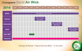 Cronograma Geral Air Wick.
Mar Abr Mai Jun Jul Ago Set Out Nov DezJan Fev
Canvass
Endo MKT
Natal
2014
B&W e Ativações
B&W E CONCORRA
MPDV PROMO
MPDV PROMO
Aniversário
Parcerias
Entrega de Rosas + Tag no dia das Mães – 11 de maio
MPDV Novos Displays e Enxoval de PDV
B&W e Ativações
MPDV PROMO
 