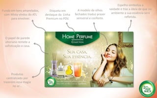 Fundo em tons amarelados,
com Misty vindos do ATL
para envolver.
O papel de parede
vitoriano remete a
sofisticação e casa.
Etiqueta em
destaque da Linha
Premium no PDV.
Produtos
centralizado por
trazerem essa magia
no ar...
A modelo de olhos
fechados traduz prazer
sensorial e conforto.
Espelho simboliza a
vaidade e traz a ideia de que no
ambiente a sua essência será
refletida.
 