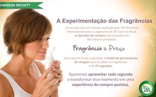 A Experimentação das Fragrâncias
De acordo com um estudo realizado pela TNS Research
Internacional sobre o segmento de Air Care no Brasil,
as decisões de compras são baseadas em
dois fatores principais:
Uma vez em frente a gôndola, a média de permanência
do shopper para escolher as fragrâncias
é de 72 segundos.
Queremos aproveitar cada segundo
e transformar esse momento em uma
experiência de compra positiva.
CANVASS RECKITT
 