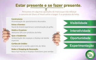 Estar presente e se fazer presente.
Pensamos em algumas aparições de marca que irão reforçar
o conceito de Share of Heart entre o target. E os produtos da linha.
Redes e Shopping de Decoração:
Nova loja Pop-Up e Displays modulares para vendas
Visibilidade
Interatividade
Experimentação
Oportunidade
Construtoras:
Aromatização de apartamentos decorados
Feiras e Eventos:
Stand de brand experience e aromatização de grifes
Hotéis e Cruzeiros:
Welcome Gift com produtos da linha
Spas e Academias
Ambientação dos espaços e displays de balcão
especiais
Cartões de Crédito:
Compras com o cartão valem kits Air Wick
 