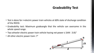  Test is done for r=electric power train vehicles at 60% state of discharge condition
of the REESS
 Gradeability test: Maximum gradeangle that the vehicle can overcome in the
whole speed range.
 Two wheeler electric power train vehicle having net power ≤ 1kW : 3.81°
 All other electric power train: 7°
 
