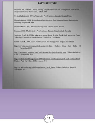 11
DAFTARPUSTAKA
BuletinSLTP Terbuka. (2000). Padang,Proyek Perluasan dan Peningkatan Mutu SLTP
Propinsi Sumatera Bara. edisi 3 tahun 2000
C. AsriBudiningsih. 2008. Belajar dan Pembelajaran. Jakarta: Rineka Cipta.
Hamalik Oemar. 1994. Sistem Pembelajaran Jarak Jauh dan pembinaan Ketenagaan.
Bandung: Trigenda Karya.
HamzahB.Uno. 2007. Model Pembelajaran. Jakarta: Bumi Aksara.
Rusman. 2011. Model-Model Pembelajaran. Jakarta: RajaGrafindo Persada.
Sadiman, Arief S. (1999). Jakarta.Jaringan Sistem Belajar Jarak Jauh Indonesia, Pusat
Teknologi Komunikasi dan Informasi Pendidikan.Depdiknas.
Smith, Mark K. 2009. Teori Pembelajaran dan Pengajaran. Yogyakarta: Mirea.
http://www.ica-sae.org/trainer/indonesian/p11.htm. Diakses Pada Hari Rabu 11
November 2015.
http://choymaster.blogspot.com/2009/03/teori-belajar-e-learning.html.Diakses Pada Hari
Rabu 11 November 2015
http://portalkuliah.blogspot.com/2009/01/sistem-pembelajaran-jarak-jauh-berbasis.html.
Diakses Pada Hari Rabu 11 November 2015
http://id.wikipedia.org/wiki/Pembelajaran_Jarak_Jauh. Diakses Pada Hari Rabu 11
November 2015
11
 