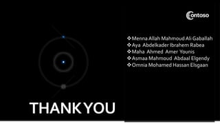 THANKYOU
Menna Allah MahmoudAli Gaballah
Aya Abdelkader Ibrahem Rabea
Maha Ahmed Amer Younis
Asmaa Mahmoud Abdaal Elgendy
Omnia Mohamed Hassan Elsgaan
 