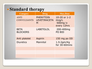  Standard therapy
Category Drug Max.Dose
ANTI
CONVULSANTS
PHENYTOIN
LEVETIRACETA
M
10-20 or 1-2
mcg/L
500mg iv
every 12hrs
BETA
BLOCKERS
LABETOLOL 200-400mg
PO BID
Anti platelet Aspirin 150 mg po OD
Diuretics Mannitol 1.5-2gm/Kg
for 30-60mins
 