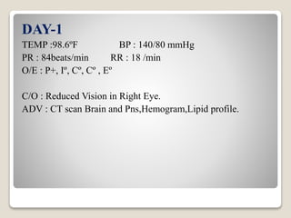 DAY-1
TEMP :98.6ºF BP : 140/80 mmHg
PR : 84beats/min RR : 18 /min
O/E : P+, Iº, Cº, Cº , Eº
C/O : Reduced Vision in Right Eye.
ADV : CT scan Brain and Pns,Hemogram,Lipid profile.
 