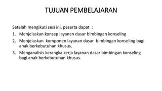 TUJUAN PEMBELAJARAN
Setelah mengikuti sesi ini, peserta dapat :
1. Menjelaskan konsep layanan dasar bimbingan konseling
2. Menjelaskan komponen layanan dasar bimbingan konseling bagi
anak berkebutuhan khusus.
3. Menganalisis kerangka kerja layanan dasar bimbingan konseling
bagi anak berkebutuhan khusus.
 