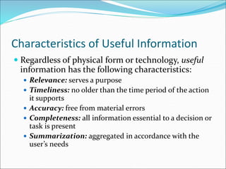 Characteristics of Useful Information
 Regardless of physical form or technology, useful
information has the following characteristics:
 Relevance: serves a purpose
 Timeliness: no older than the time period of the action
it supports
 Accuracy: free from material errors
 Completeness: all information essential to a decision or
task is present
 Summarization: aggregated in accordance with the
user’s needs
 