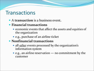 Transactions
 A transaction is a business event.
 Financial transactions
 economic events that affect the assets and equities of
the organization
 e.g., purchase of an airline ticket
 Nonfinancial transactions
 all other events processed by the organization’s
information system
 e.g., an airline reservation — no commitment by the
customer
 