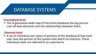 DATABASE SYSTEMS
Conceptual level
 The organization-wide view of the entire database the big picture.
Lists all data elements and the relationships between them.
External level
 A set of individual user views of portions of the database,8 how each
user sees the portion of the system with which he interacts. These
individual views are referred to as subschema.
 