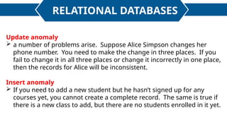 RELATIONAL DATABASES
Update anomaly
 a number of problems arise. Suppose Alice Simpson changes her
phone number. You need to make the change in three places. If you
fail to change it in all three places or change it incorrectly in one place,
then the records for Alice will be inconsistent.
Insert anomaly
 If you need to add a new student but he hasn’t signed up for any
courses yet, you cannot create a complete record. The same is true if
there is a new class to add, but there are no students enrolled in it yet.
 
