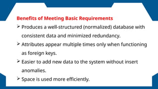 FOLLOWERS
Benefits of Meeting Basic Requirements
 Produces a well-structured (normalized) database with
consistent data and minimized redundancy.
 Attributes appear multiple times only when functioning
as foreign keys.
 Easier to add new data to the system without insert
anomalies.
 Space is used more efficiently.
 