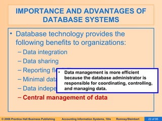 IMPORTANCE AND ADVANTAGES OF DATABASE SYSTEMS Database technology provides the following benefits to organizations: Data integration Data sharing Reporting flexibility Minimal data redundancy and inconsistencies Data independence Central management of data Data management is more efficient because the database administrator is responsible for coordinating, controlling, and managing data. 