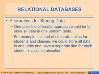 RELATIONAL DATABASES Alternatives for Storing Data One possible alternate approach would be to store all data in one uniform table. For example, instead of separate tables for students and classes, we could store all data in one table and have a separate line for each student x class combination. 