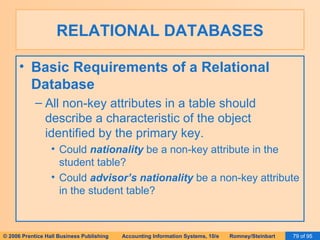 RELATIONAL DATABASES Basic Requirements of a Relational Database All non-key attributes in a table should describe a characteristic of the object identified by the primary key. Could  nationality  be a non-key attribute in the student table? Could  advisor’s nationality  be a non-key attribute in the student table? 