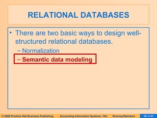 RELATIONAL DATABASES There are two basic ways to design well-structured relational databases. Normalization Semantic data modeling 