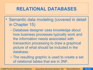 RELATIONAL DATABASES Semantic data modeling (covered in detail in Chapter 15) Database designer uses knowledge about how business processes typically work and the information needs associated with transaction processing to draw a graphical picture of what should be included in the database. The resulting graphic is used to create a set of relational tables that are in 3NF. 