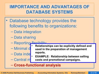 IMPORTANCE AND ADVANTAGES OF DATABASE SYSTEMS Database technology provides the following benefits to organizations: Data integration Data sharing Reporting flexibility Minimal data redundancy and inconsistencies Data independence Central management of data Cross-functional analysis Relationships can be explicitly defined and used in the preparation of management reports. EXAMPLE:  Relationship between selling costs and promotional campaigns. 