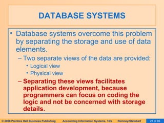 DATABASE SYSTEMS Database systems overcome this problem by separating the storage and use of data elements. Two separate views of the data are provided: Logical view Physical view Separating these views facilitates application development, because programmers can focus on coding the logic and not be concerned with storage details.  