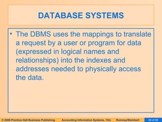 DATABASE SYSTEMS The DBMS uses the mappings to translate a request by a user or program for data (expressed in logical names and relationships) into the indexes and addresses needed to physically access the data. 