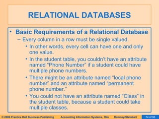 RELATIONAL DATABASES Basic Requirements of a Relational Database Every column in a row must be single valued. In other words, every cell can have one and only one value. In the student table, you couldn’t have an attribute named “Phone Number” if a student could have multiple phone numbers. There might be an attribute named “local phone number” and an attribute named “permanent phone number.” You could not have an attribute named “Class” in the student table, because a student could take multiple classes. 