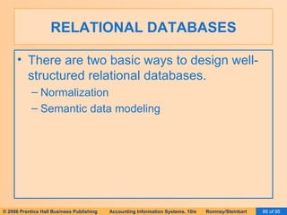 RELATIONAL DATABASES There are two basic ways to design well-structured relational databases. Normalization Semantic data modeling 
