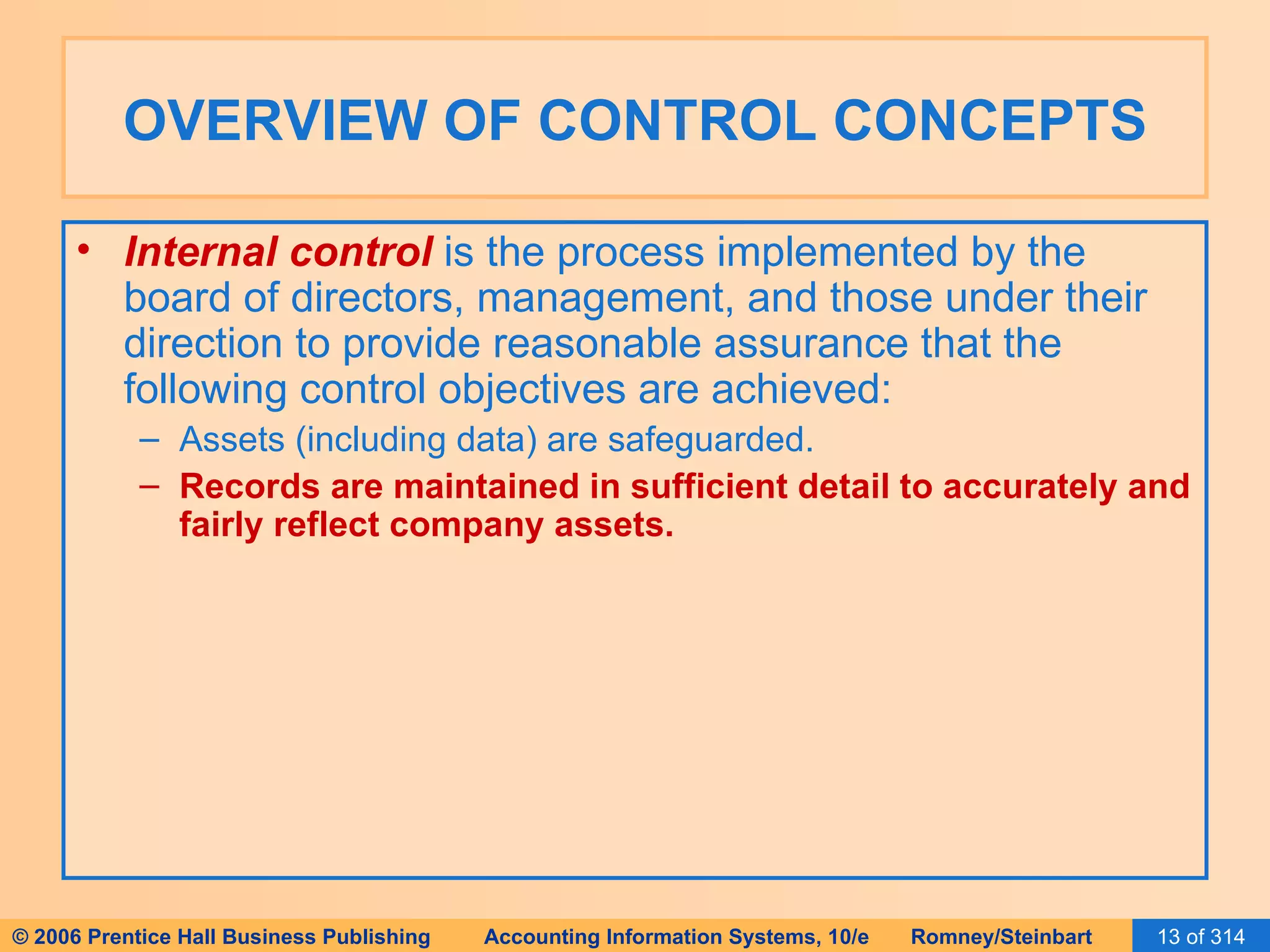 OVERVIEW OF CONTROL CONCEPTS Internal control  is the process implemented by the board of directors, management, and those under their direction to provide reasonable assurance that the following control objectives are achieved: Assets (including data) are safeguarded. Records are maintained in sufficient detail to accurately and fairly reflect company assets.  